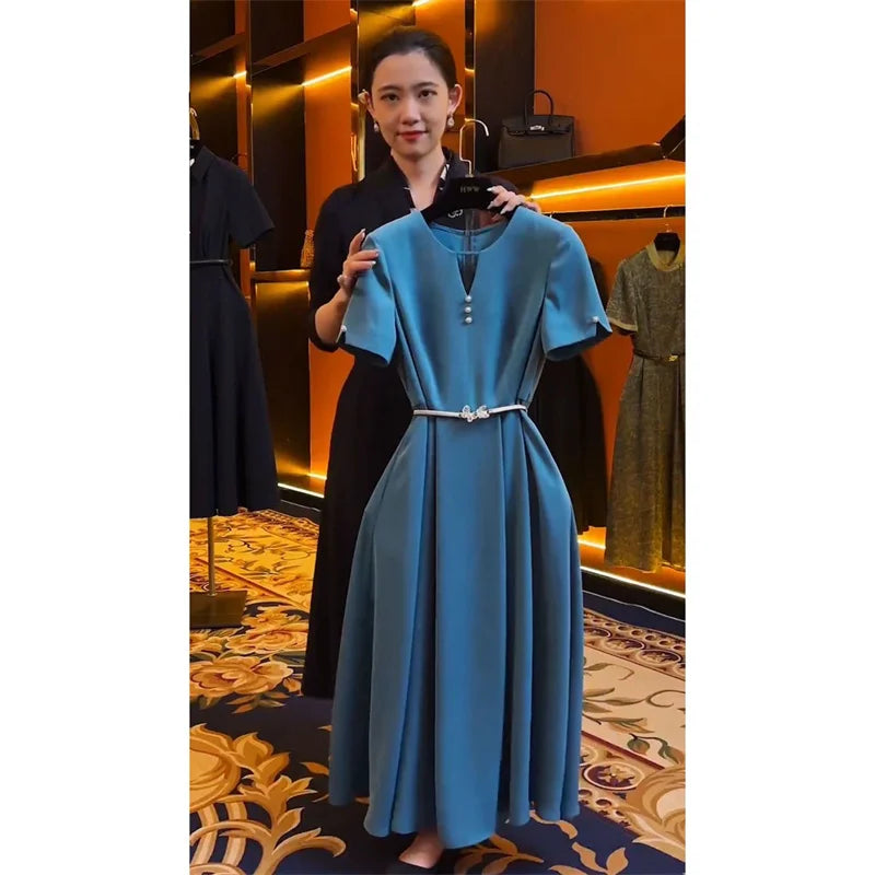 Summer New Women Elegant Midi Party Dress Fashion Button Solid Color Short Sleeves High Waist Office Lady Pleated Vestidos 064P