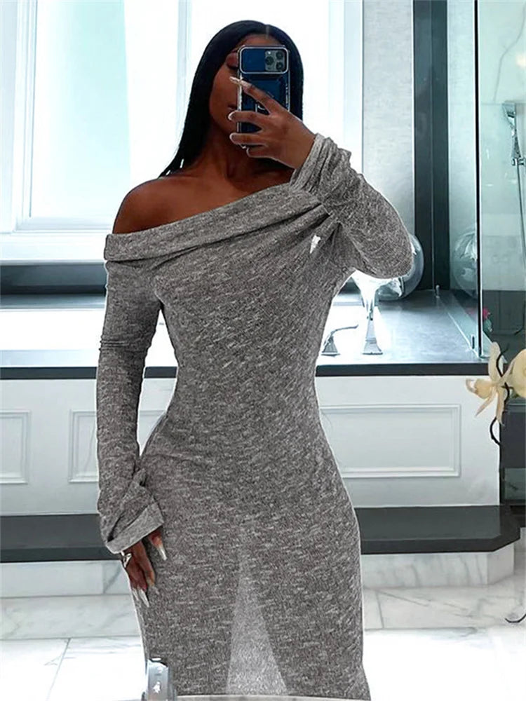 Weird Puss Ruched Elegant Dress Women Classic Slash Neck Full Sleeve Skinny Stretch Autumn Trend Casual Simple Chic Long Bodycon