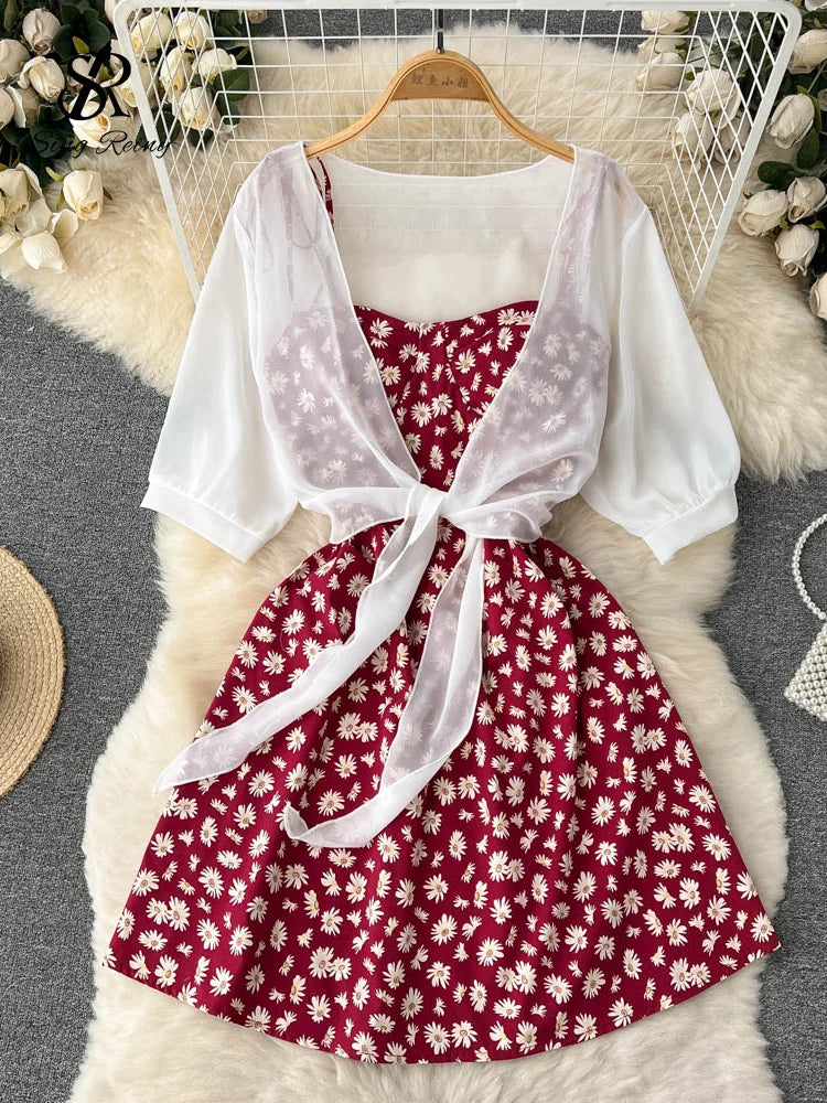 SINGREINY Floral Print Two Piece Dress Women Summer 2022 Slim Vacation Fashion Elegant Ladies A Line Beach Midi Dresses