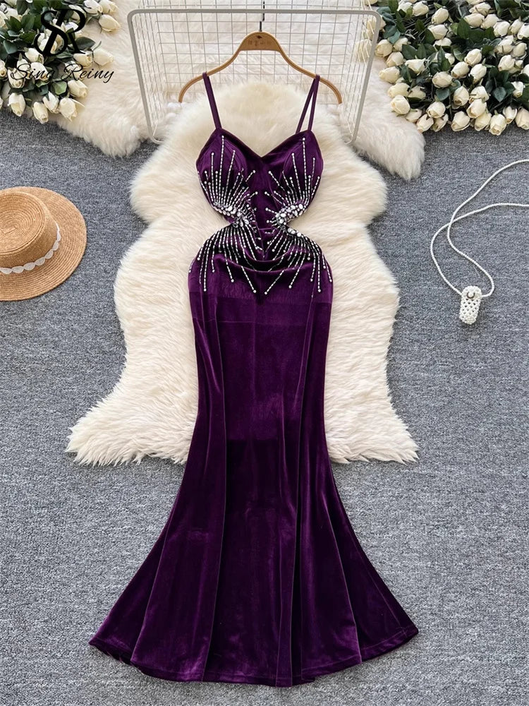 SINGRAIN Senior Evening Party Dress Spaghetti Strap Strapless Diamonds Design Women Elegant Fashion Bodycon Velvet Long Dress