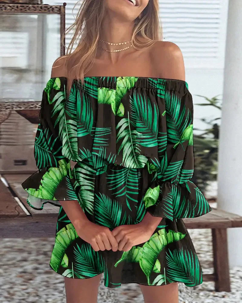 New women's sexy fashion one-shoulder printed dress