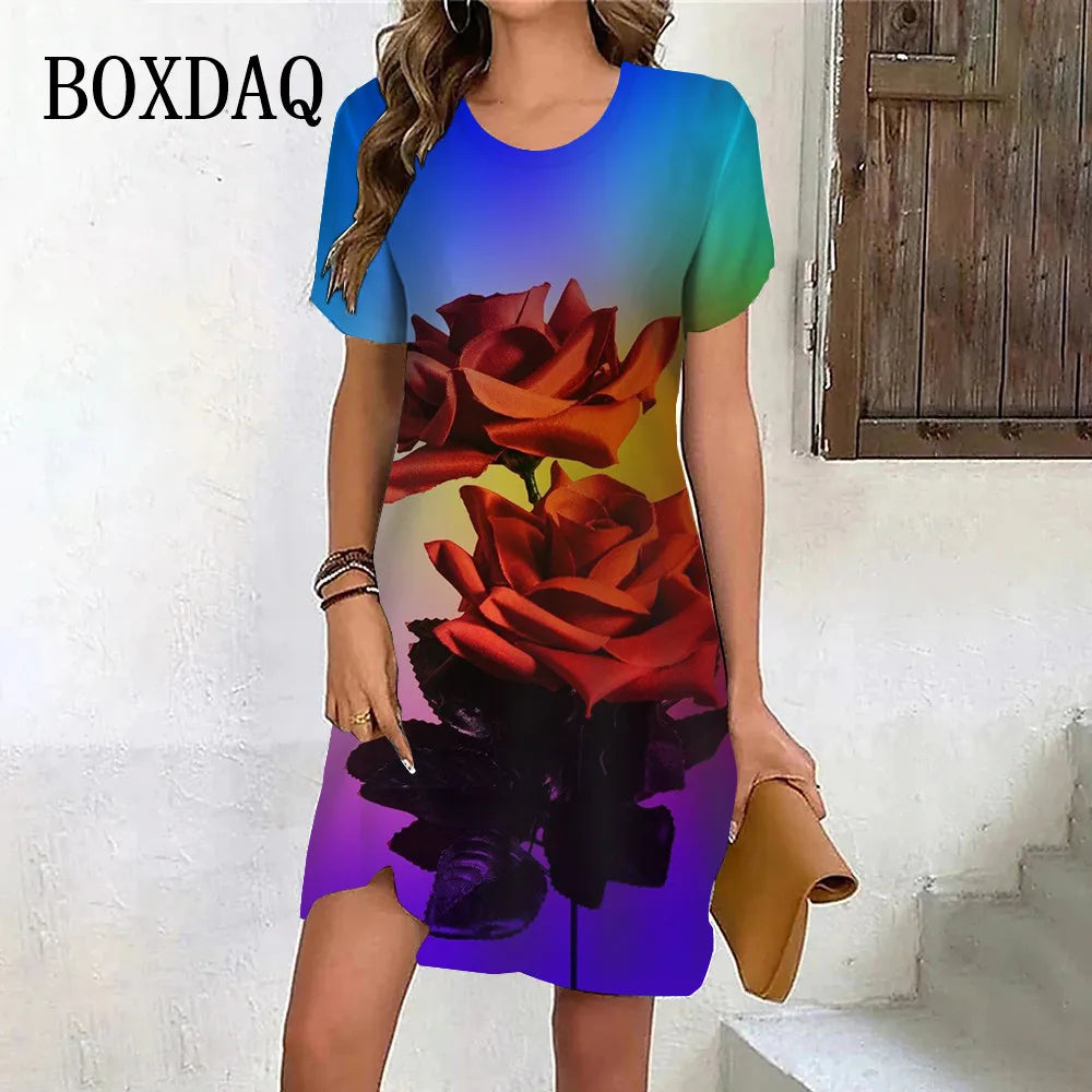 New 2024 Summer Dresses Women Tie Dye Scenery Flower Print Dress Female Clothing Casual Retro Short Sleeve Loose Plus Size Dress