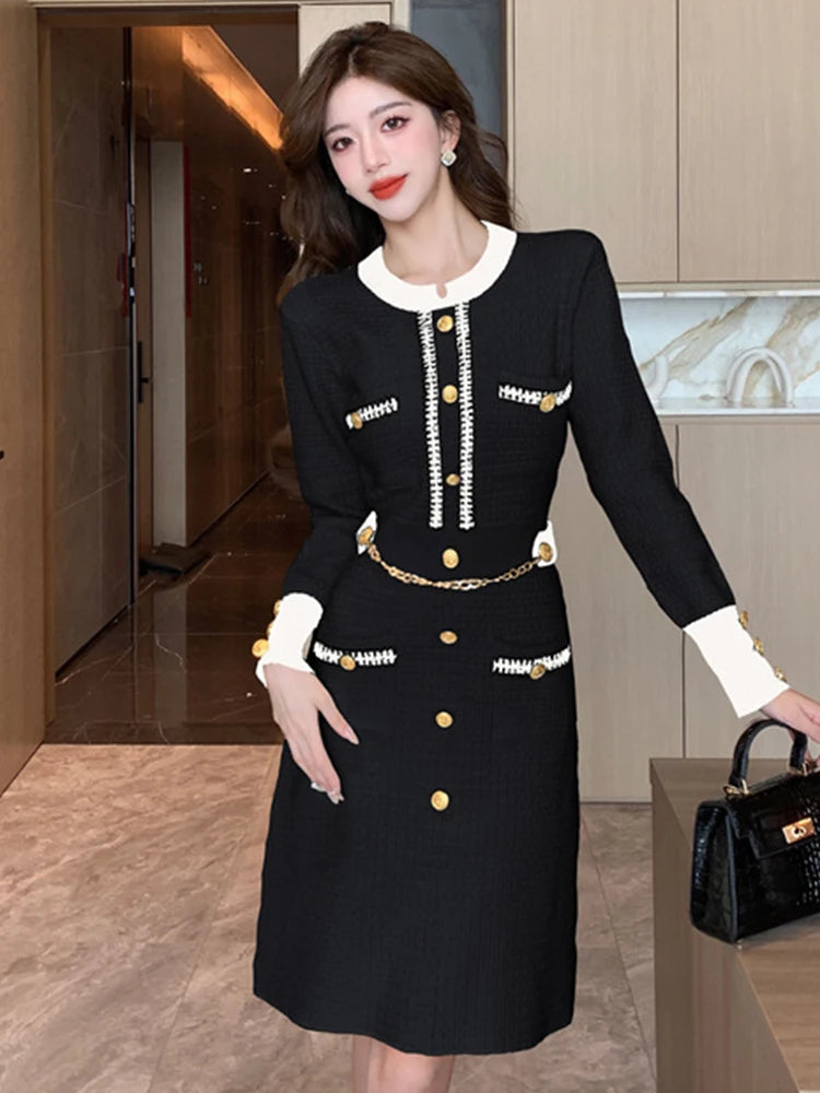 Fashion Autumn Winter Formal Knitted Short Dress Women Ladies Clothes Sweater Vintage O-Neck Skinny Mini Mujer Stretchy Vestidos