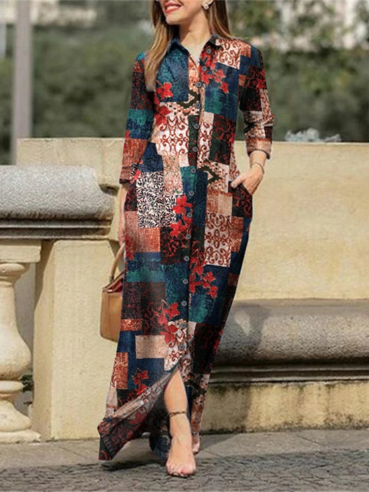 2024 Spring/Summer Women's Casual Floral Print Medium Length Shirt Dress with Elegant Button Up Holiday Party Dress Long Skirt