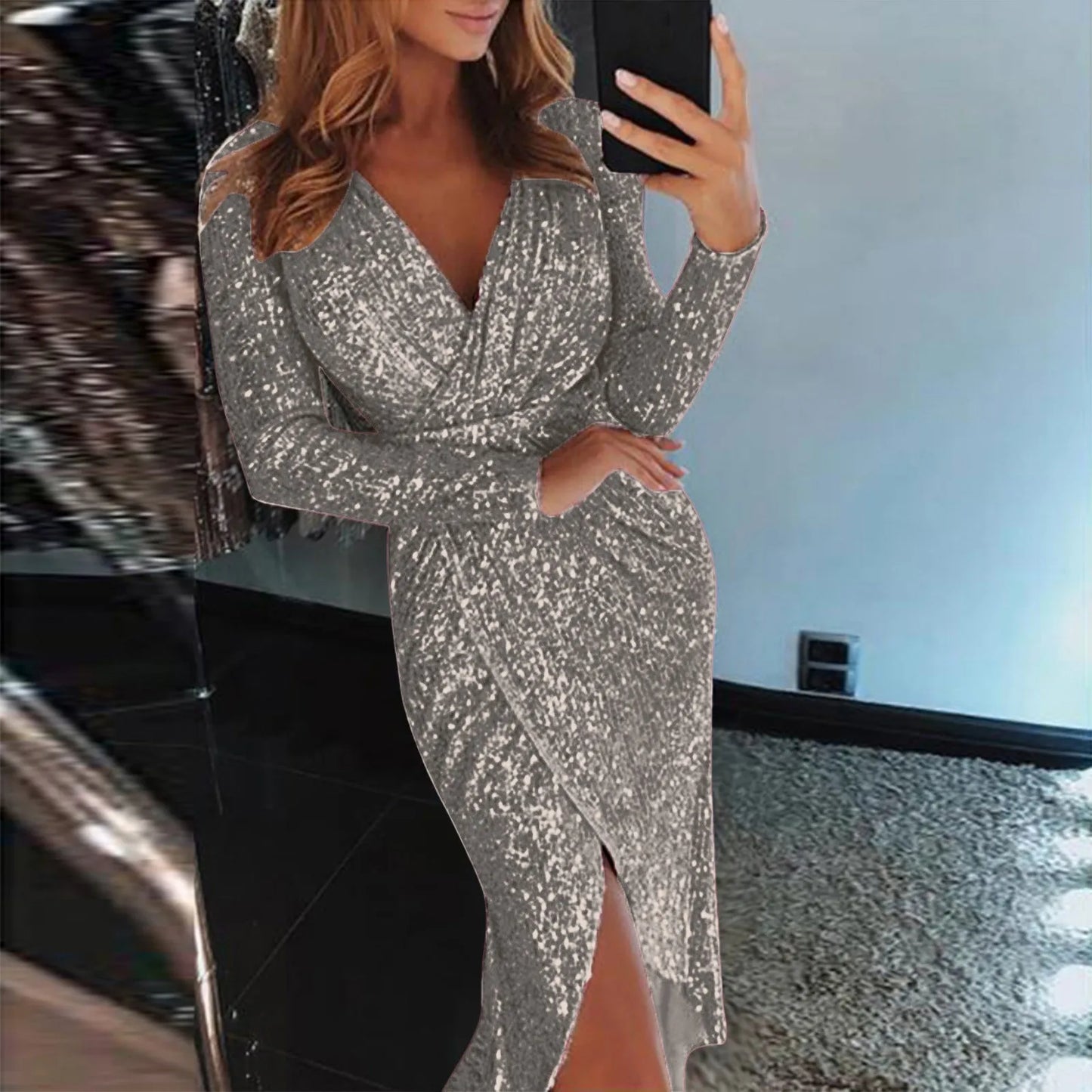 Elegant Women Evening Party Dress Shiny Sequin Deep V-Neck Nightclub Formal Dress Bodycon Irregular Hem Long Dress For Wedding