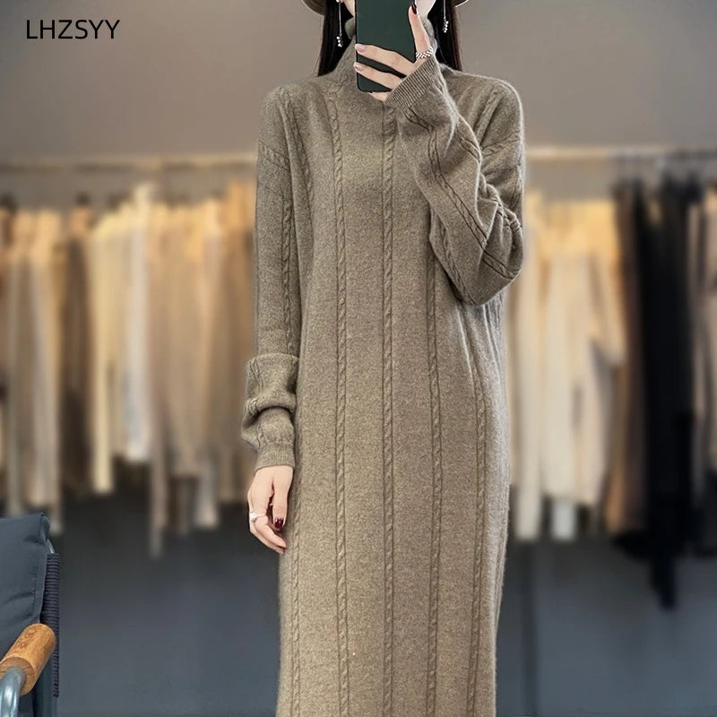 LHZSYY Turtleneck 100% Pure Wool Dress Women's New Autumn Winter Hip Wrap Knit Skirt High-End Sweaters Loose Cashmere Long Dress