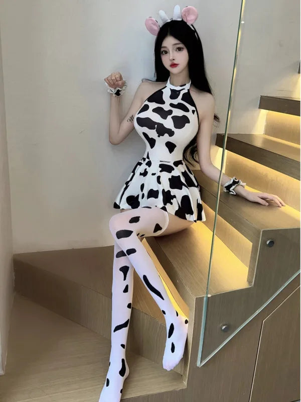 Exotic Summer Fashion Women's new Clothing Hanging Neck Black and White Cow Print Sweet and Cute Girl Style Elegant Dress 7V0Z