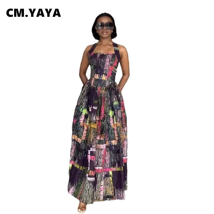 CM.YAYA Vintage Women Print Halter Strapless Long Maxi Dress 2024 Summer Street Sexy Night Party Club Big Swing Dresses Vestidos