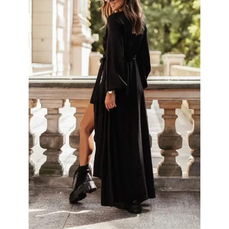 Women's Autumn Commuter Long Sleeved Dress Simple Fashion V-neck Solid Color Lace Up Dress Loose Slit Casual Holiday Dress