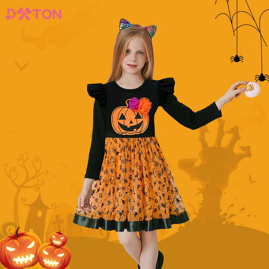 DXTON Halloween Dress for Kid Girls Toddlers Pumpkin Spider Witch Print Tutu Princess Dresses Kids Cosplay Costumes Party Dress