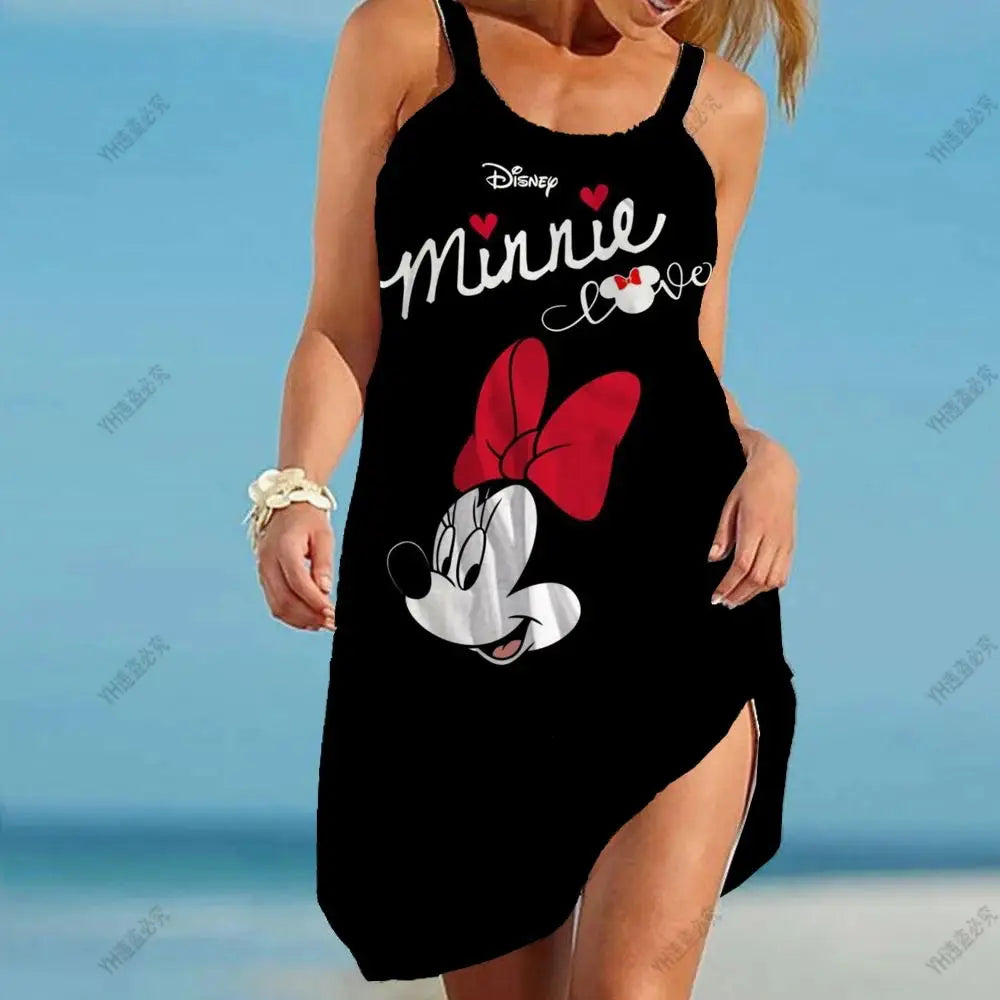 Disney Minnie Mickey Mouse Women Dresses 3D Dye Print Fashion Sleeveless Summer Halter Casual Sexy Dress Loose Kawaii Dress