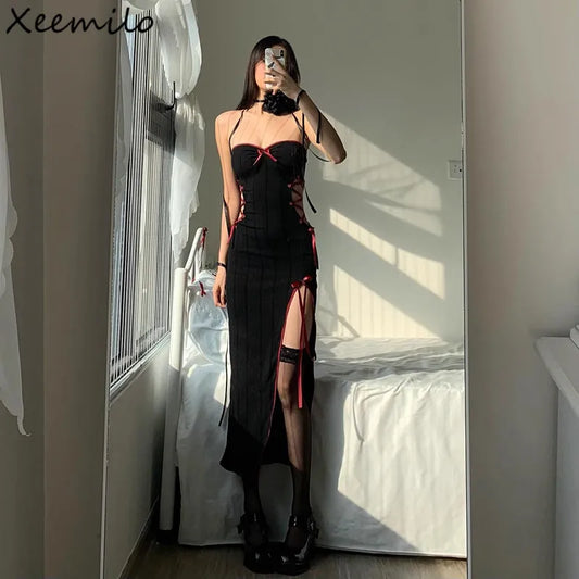 WhereMery Gothic Sexy Bow Applique Bandage Long Dress Aestheitic Strapless Skinny High Slit Dresses Y2K Fashion Club Party Dress