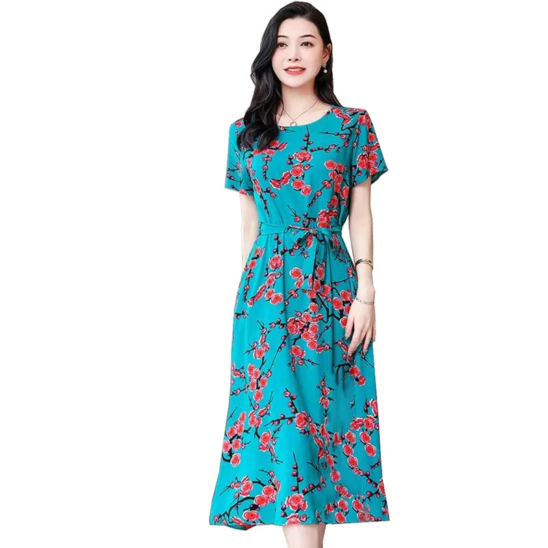 Short Sleeve Cotton Vintage Print Dresses for Women Casual Loose Long Summer Dress Vestidos De Fiesta Elegantes Para Mujer 2024