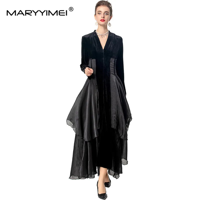 MARYYIMEI Autumn and winter Women's Dress V-Neck Long-Sleeved High waist Flounced Edge design New Style Dresses With shawl