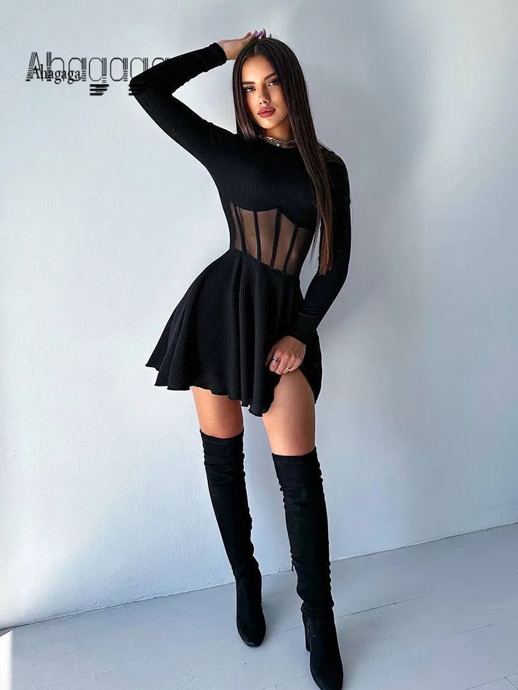 Ahagaga Fashion Solid Women's Mini Dresses A-Line Knitted Sheer Slim Fit Long Sleeves Bodycon O-Neck Party Streetwear Vestidos