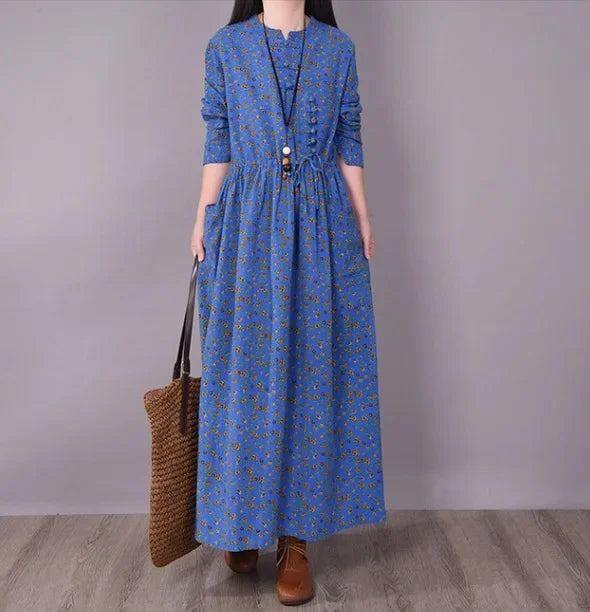 2021 New Vintage Buttoned Small Flower Casual Slimming Medium-Length Long Sleeve Big Swoop Dress For Women