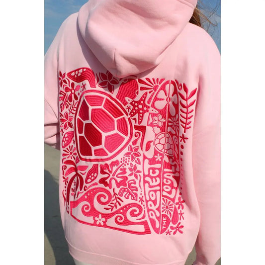 Women Y2K Turtle Aesthetic Embroidered Long Sleeve Hooded Sweatshirts with Kangaroo Pocket Drop Shoulder Loose Fit Pullover Tops