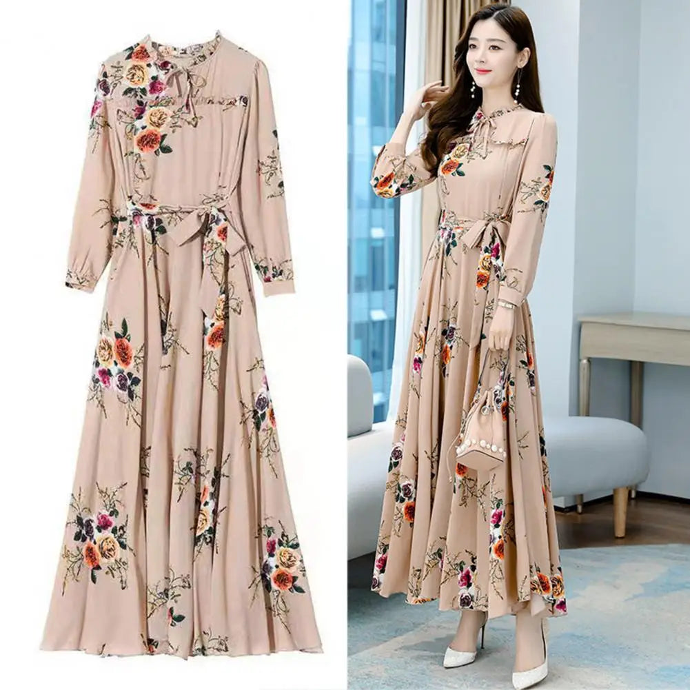 Women Maxi Dress Temperament Loose Hem Tight Waist Flower Print Lace Up Dress-up Long Sleeves A-line Banquet Dress Female Clothe