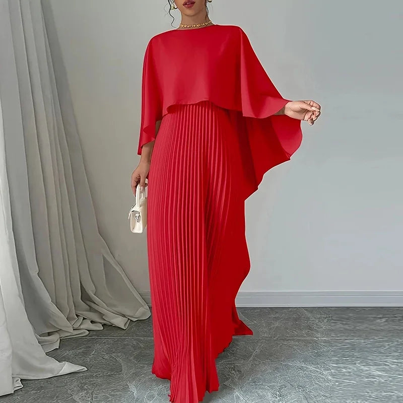 Women Elegant Crew Neck Irregular Shawl & Vest Pleated Dresses Autumn Solid Color Cloak 2 Piece Set Loose Evening Gown Vacation