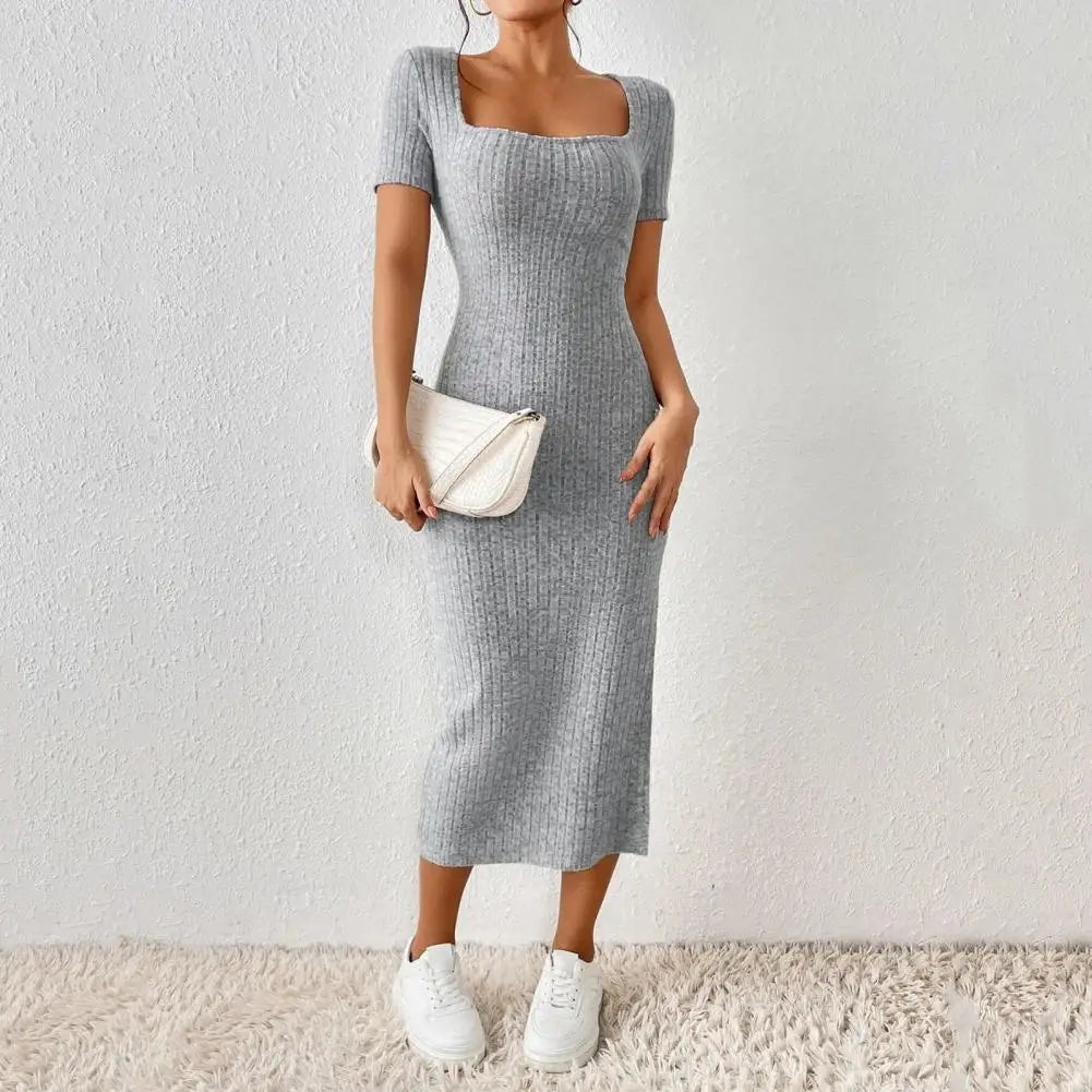 Women Summer Dress Split Hem Knitted Elastic Mid-calf Length Knitted Slit Dress Lady Party Commute Casual Ins Style Midi Dress