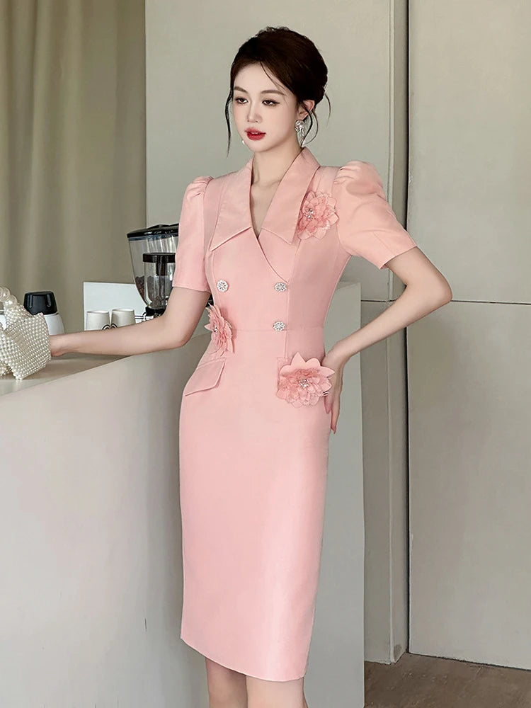 Sweet Work Style Business Formal Lapel Pencil Dress Women Elegant Commute Puff Sleeve Slim Party Birthday Vestido Street Clothes