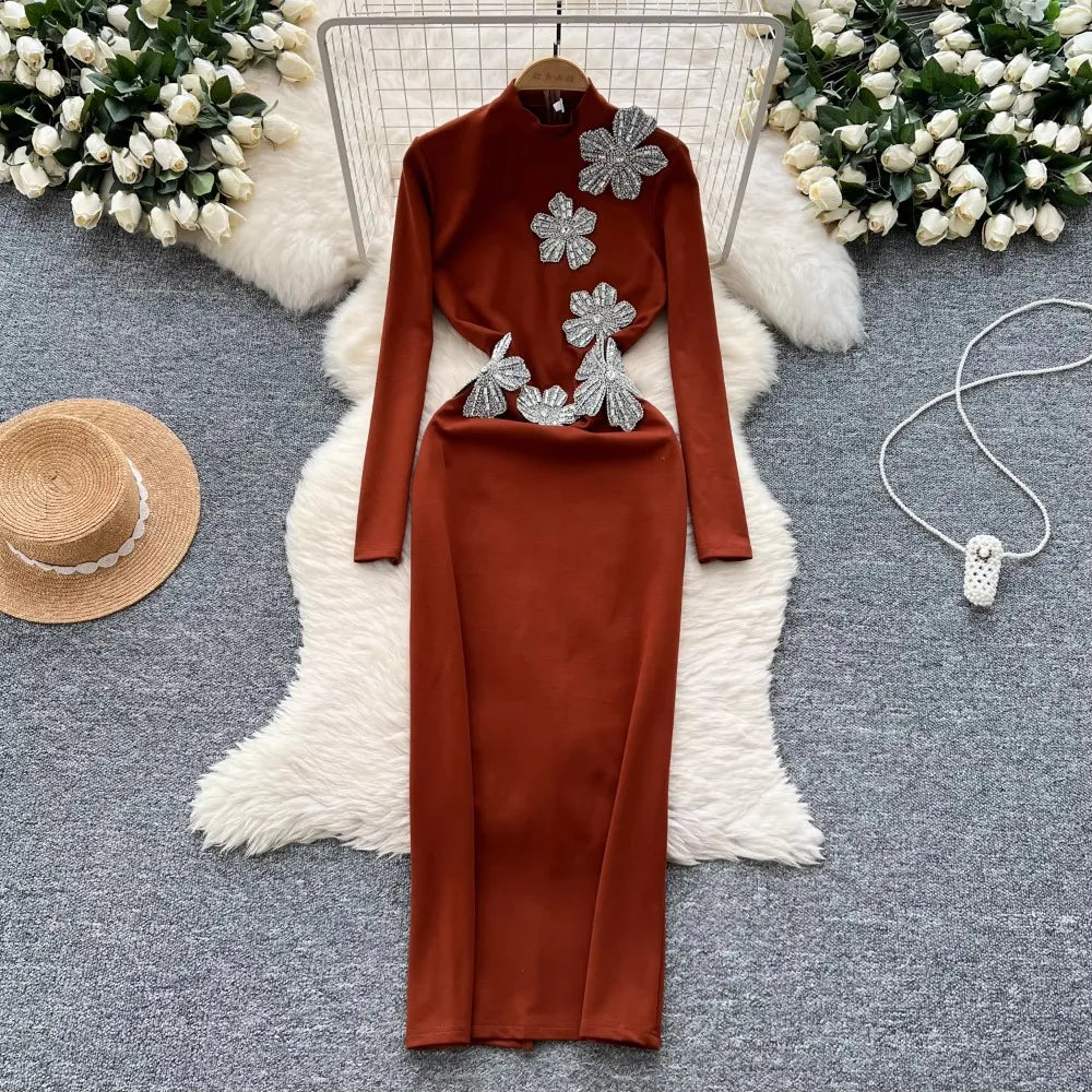 Elegant Stand Collar Vintage Long Sleeve Chic 3D Rhinestone Floral Slim Split Dresses Evening High Street Autumn Winter Clothing