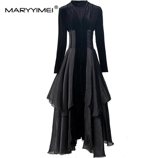 MARYYIMEI Autumn and winter Women's Dress V-Neck Long-Sleeved High waist Flounced Edge design New Style Dresses With shawl