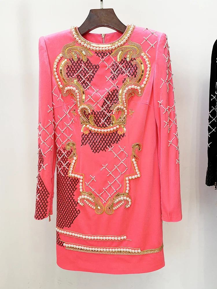 HIGH STREET Newest 2024 F/W Designer Runway Fashion Women's Long Sleeve Stunning Sequined Pearls Beaded Velvet Dress