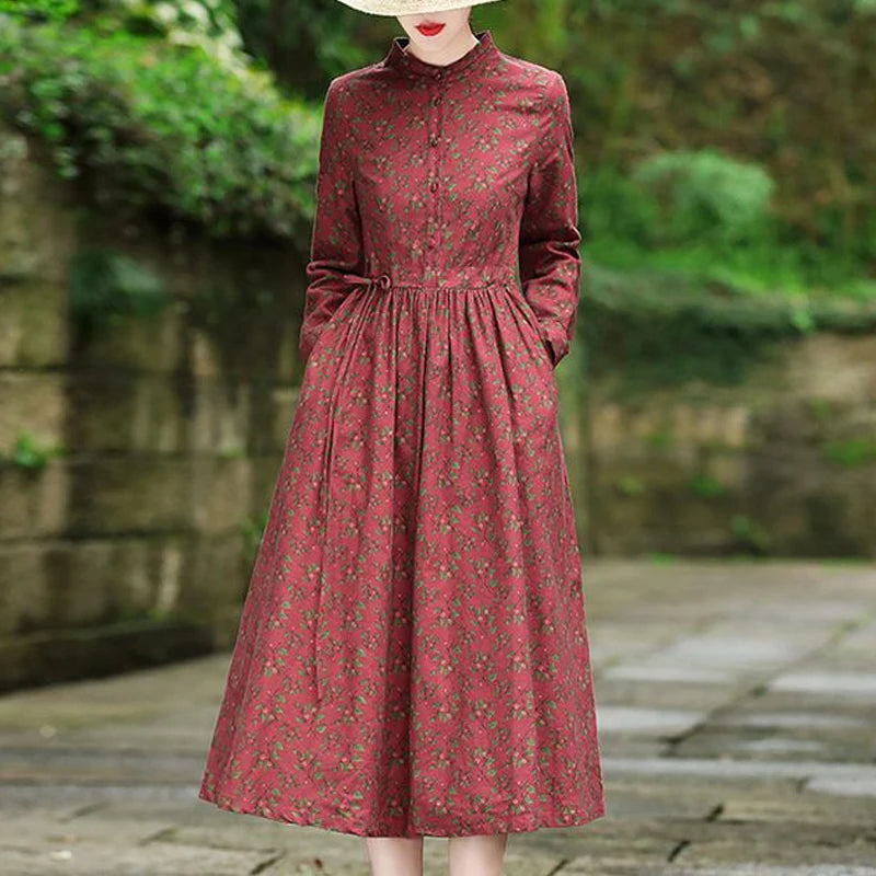 Women's Vintage Floral Print Lace Up Elegant Party Dresses Autumn Fashion High Waist Slim Cotton Midi Dress Long Sleeve Vestidos