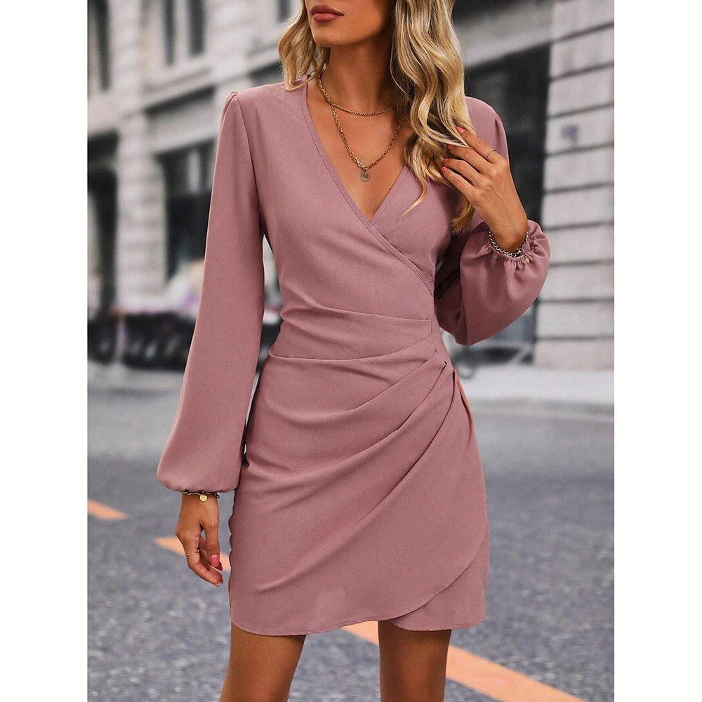 Mia Muse Women's Dresses Autumn Fitting Slim Waist In Design Plain Long Sleeve V-Neck Mini Shift Fashion Dresses