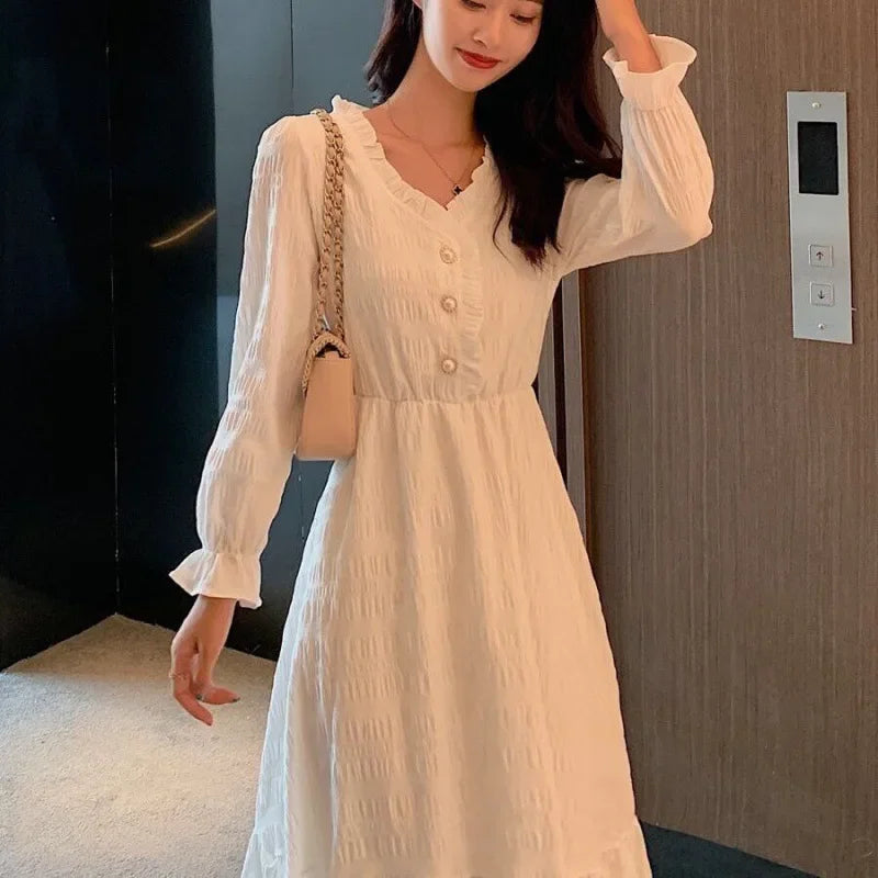 2024 New Elegant Slimming Medium-length White Dress Long Sleeve Waist-fitted Women's Skirt French Style For Special Occasions