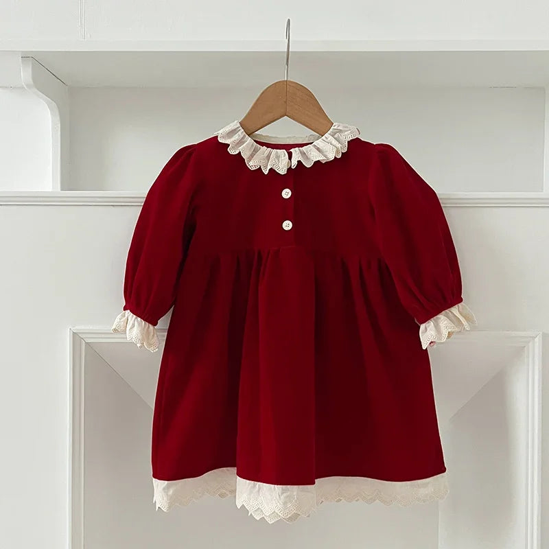 New Christmas Party Dress Kids Baby Girls Lace Collar Red New Year's Princess Dress Kids Baby Girls Dress Children Clothes Dress