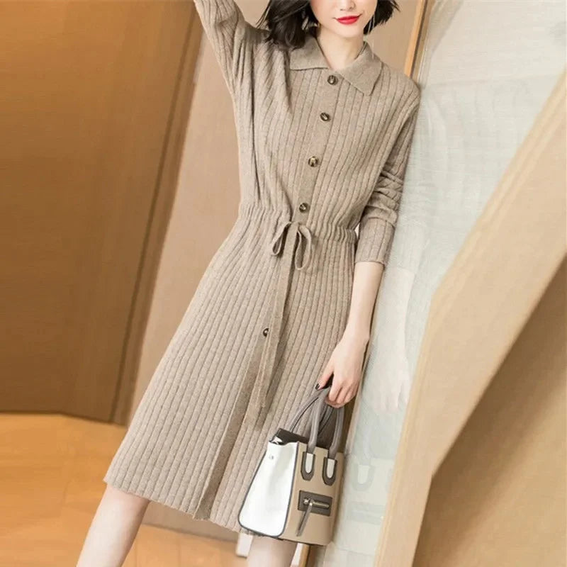 Loose Pullover Sweater Dress Lace-UP 2025 New Spring Size XXXL High-End Turn-Down Collor Long Knitted Dress Women's Autumn Dress