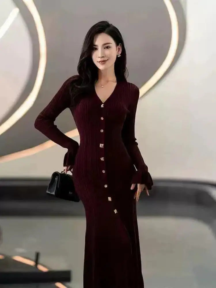 Korean Fashion Women's Black Beige Long Sleeve V Neck Knitted Dress 2024 Autumn Winter New Red Single Breasted Fishtail Dresses