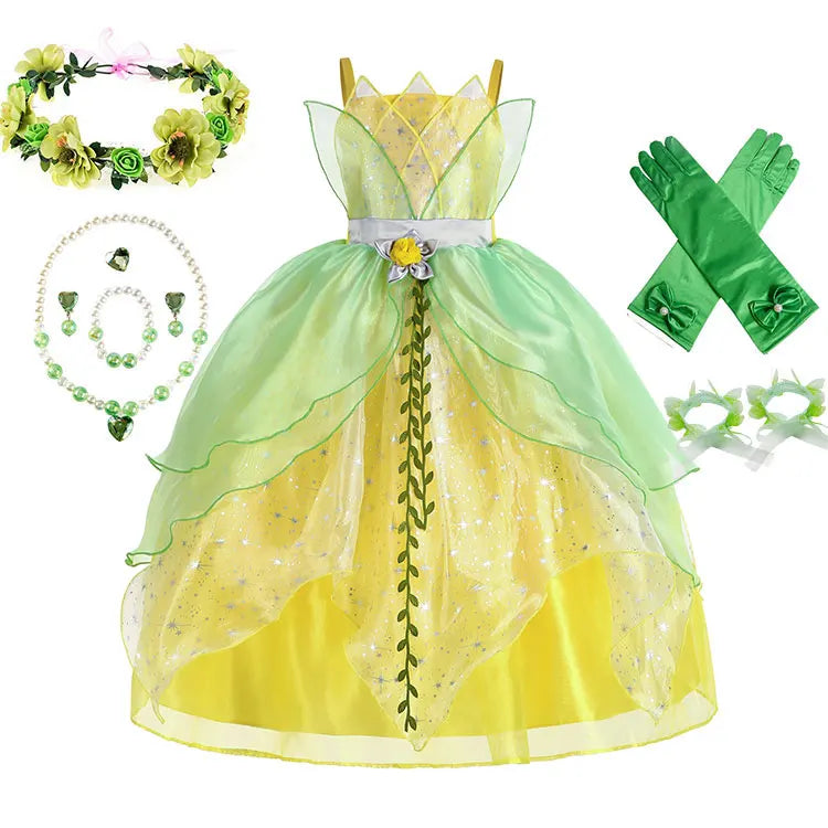 Classic Girls Fairy Tale Tiana Cosplay Costume Elegant Princess Green Party Dress Christmas Ball Gown Princess and Frog Vestidos