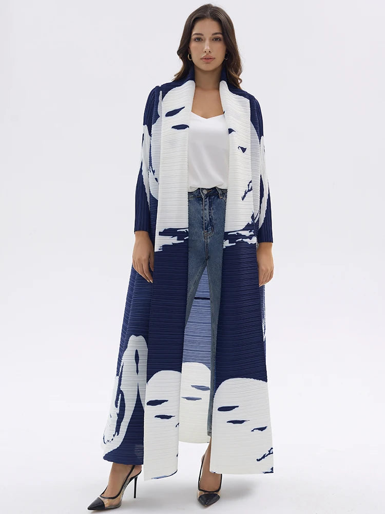 Miyake Pleated Long Sleeve Printed Dress Windbreak Women 2024 Winter New Original Designer Abayas Turndown Collar Belted Coats