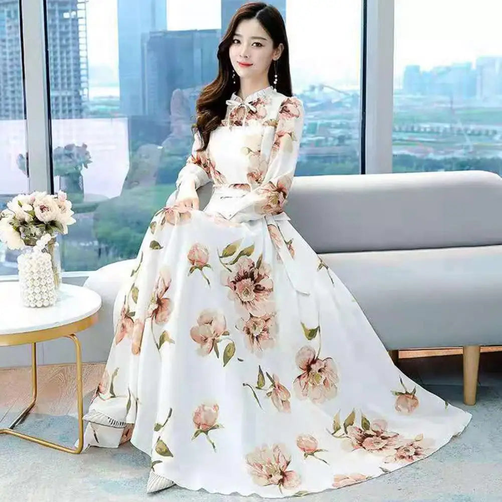 Women Maxi Dress Temperament Loose Hem Tight Waist Flower Print Lace Up Dress-up Long Sleeves A-line Banquet Dress Female Clothe