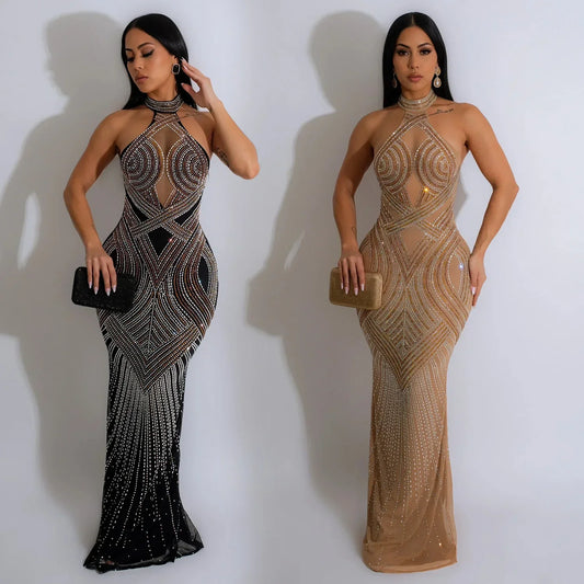 Fashion Women's Wear Solid Color Mesh Hot Rhinestone Halter Maxi Dress Sleeveless Formal Evening Long Dress Skinny Slim