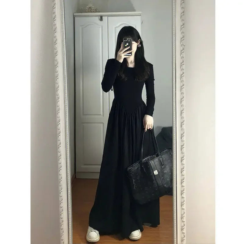 Elegant French Style Long Sleeve Black Dress For Women Korean Version 2024 Early Autumn Commuting A- line Inner Long Dress