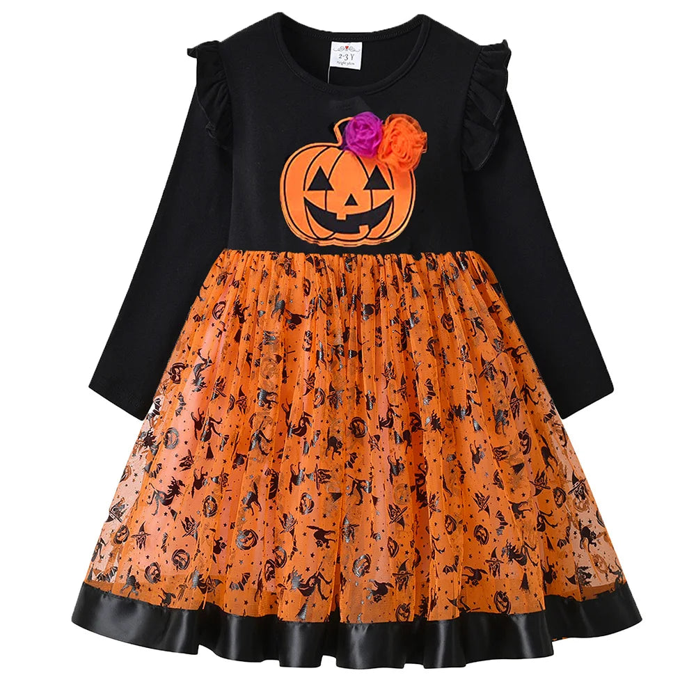 DXTON Halloween Dress for Kid Girls Toddlers Pumpkin Spider Witch Print Tutu Princess Dresses Kids Cosplay Costumes Party Dress