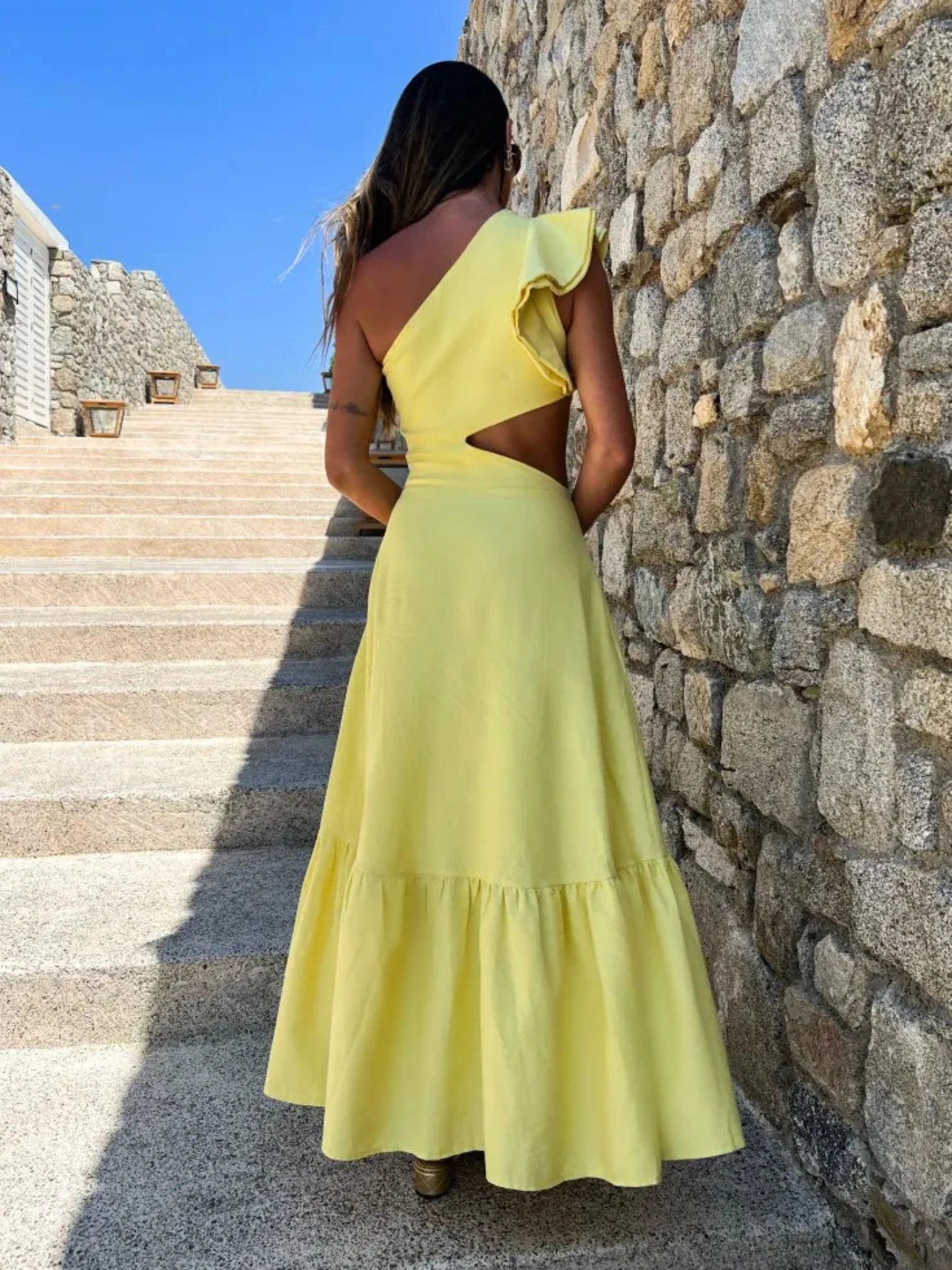 One Shoulder Ruffle Dress Hollow Out Bodycon  Women Sleeveless A-line Yellow Long Dress Fashion Beach Style Female Robe Summer