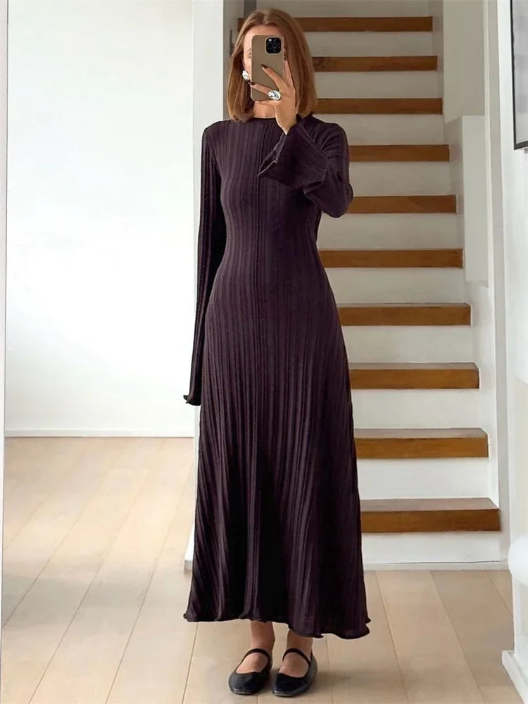 Knitwear Fashion Loose Maxi Dress Women Lace-Up High Waist Ribbed Long Sleeve Party Dress Female Knit Bandage Long Dress 2024