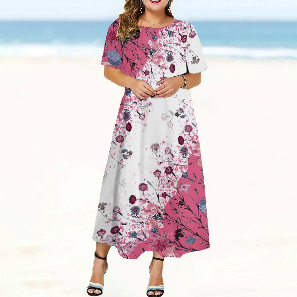 Elegant Fashions Womens Dresses Oversize Woman Dresses Clothing Round Neck Short Sleeves Long Dress Flowers Print Loose Pullover