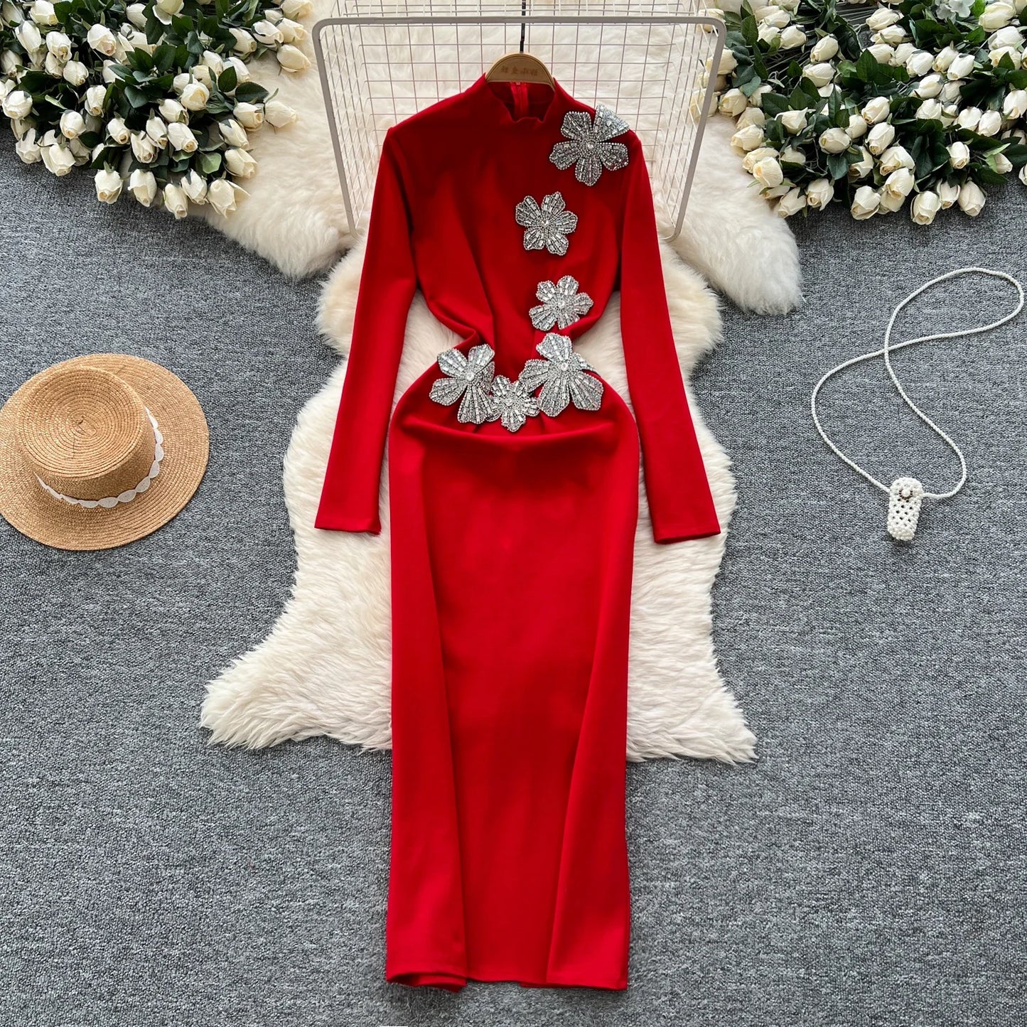 Elegant Stand Collar Vintage Long Sleeve Chic 3D Rhinestone Floral Slim Split Dresses Evening High Street Autumn Winter Clothing