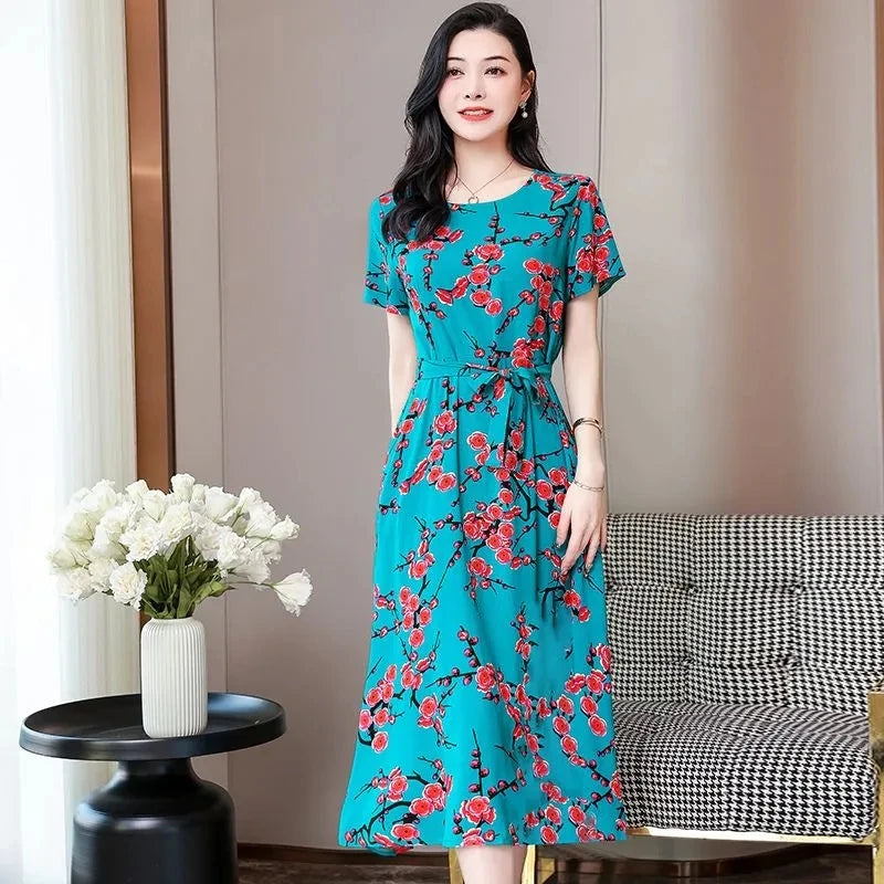 Short Sleeve Cotton Vintage Print Dresses for Women Casual Loose Long Summer Dress Vestidos De Fiesta Elegantes Para Mujer 2024