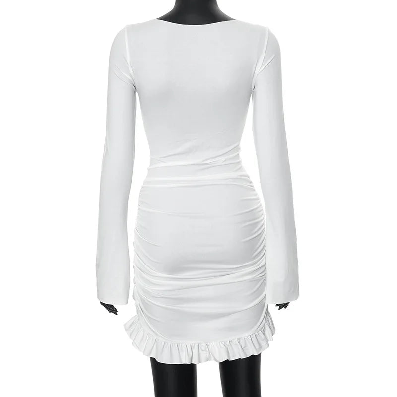 2024 Fall White Round Neck Long Sleeve Slim Fit Dress Hip Pleated Twist Short Women Dresses Casaul Pullover Autumn Wear