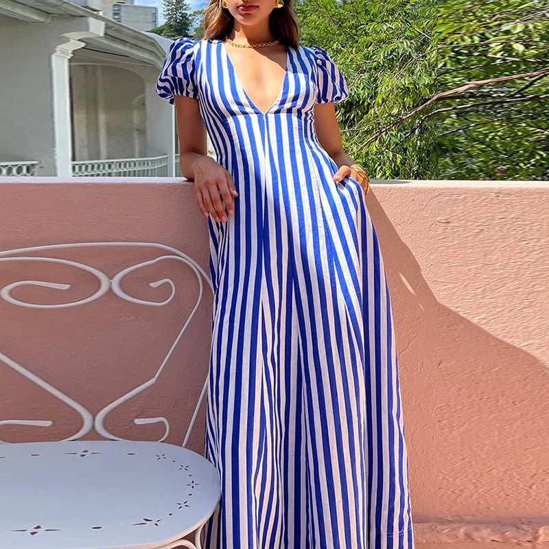 Fashion Holiday Beach Big Hem Dresses Female Striped Print High Waist A-line Long Dress Sexy Deep V Neck Puff Sleeve Party Dress