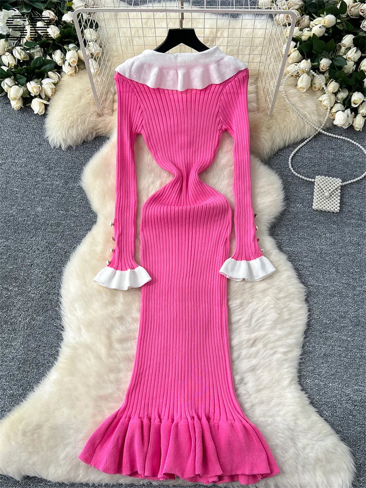 SINGREINY Autumn Vintage Knit Dress Women Pearl Button Design Peter Pan Collar Flare Sleeve Winter Newest Slim Casual Dresses