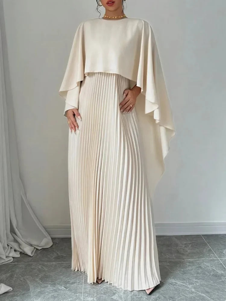 UOOZEE 2024 New Female Stylish High-Low Party Evening Maxi Dresses Spring Autumn Cape Sleeves Solid Color Pleated Long Dress