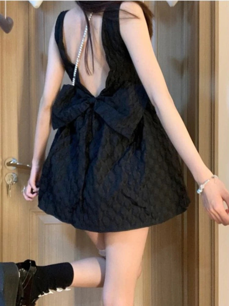 Black Woman Dress 2024 Vestidos De Mujer Bandage Bow Sleeveless Tunic Summer Robe Femme Square Collar A-line Sexy Dresses 7n927